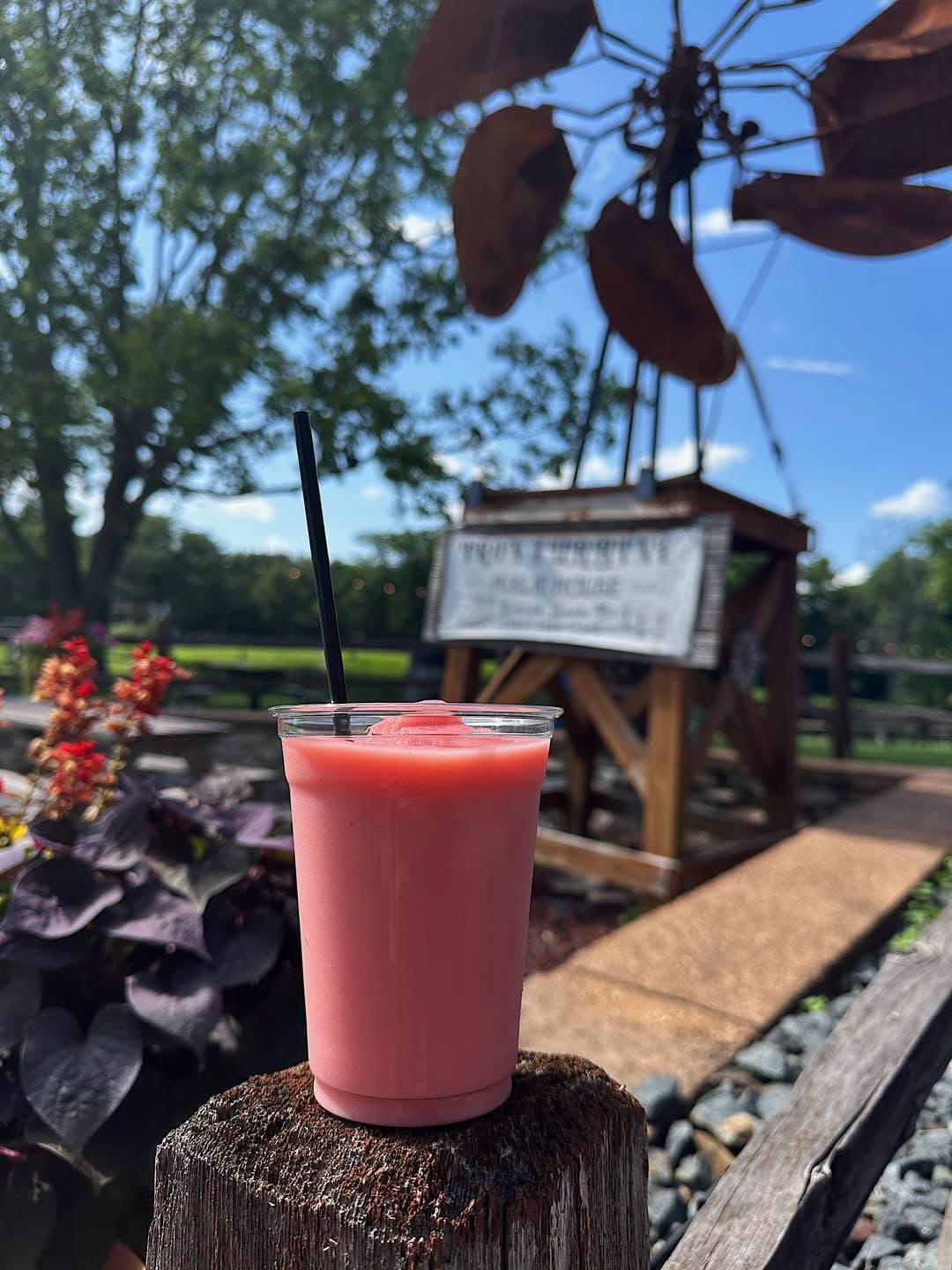 A frozen pink drink served beside the historic Iron Turbine.