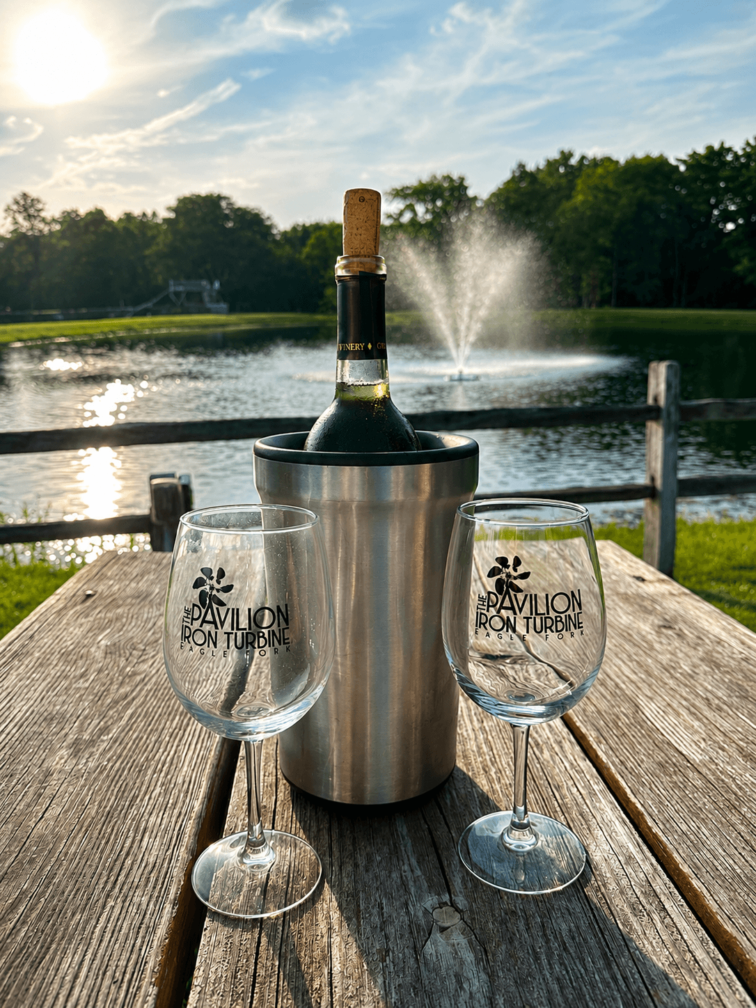 Wine and food served together for an Iron Turbine patio meal.